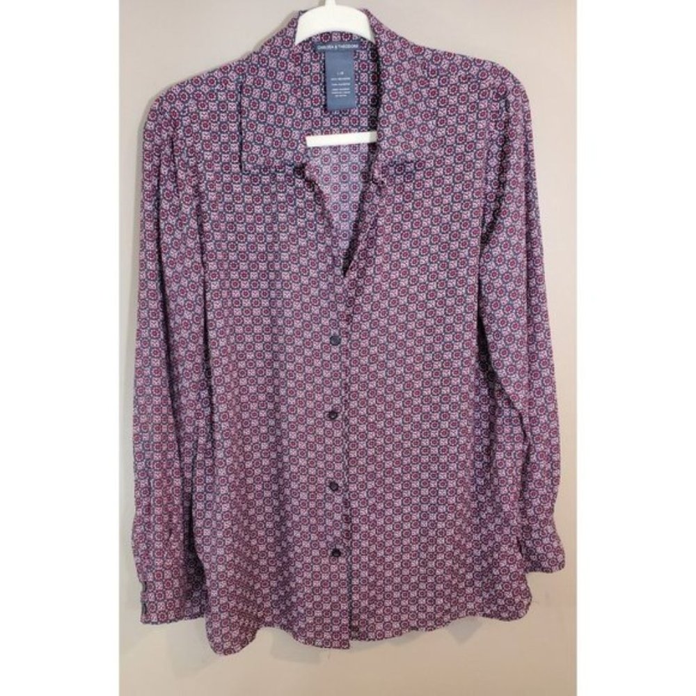 Chelsea & Theodore Navy Blue Small Floral Print Button Down Long Sleeve, Size L